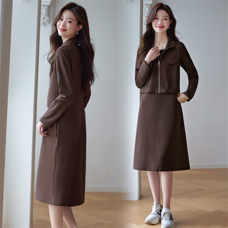 时尚显瘦针织假两件连衣裙优雅气质长袖裙装舒适百搭，女装连衣裙，韩派