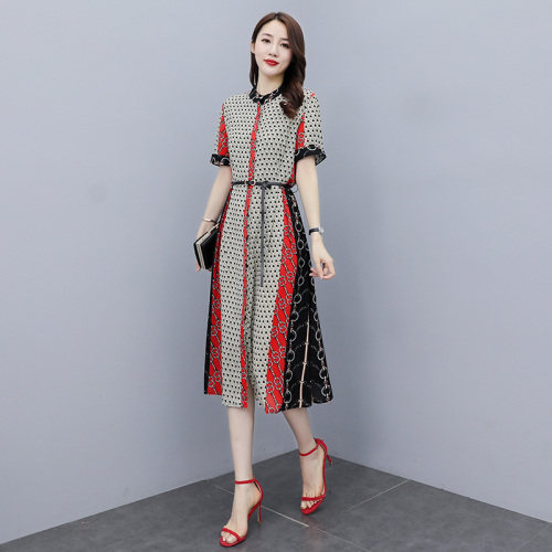 奥特莱斯撞色印花连衣裙女夏季翻领显瘦减龄气质衬衫裙,女装连衣裙,岚衣(原川流布茜）