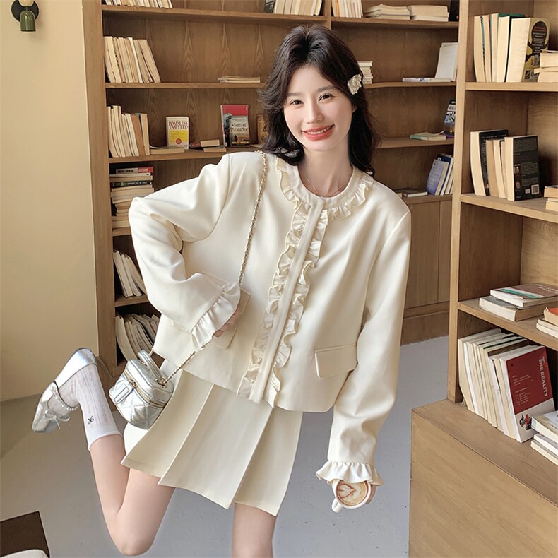 现货新款木耳边西装外套百褶裙裤两件套25016P165K238,女装套装/套裙,2D035