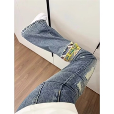 美式腰果花刺绣牛仔裤男款夏微喇破洞裤弯刀修身直筒裤AM6621P48，男装牛仔裤，星座1013-5