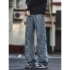 1506-1/KFT12621/P48蓝色提花满印牛仔裤男春秋设计感小众直筒裤，男装牛仔裤，星座1506-1
