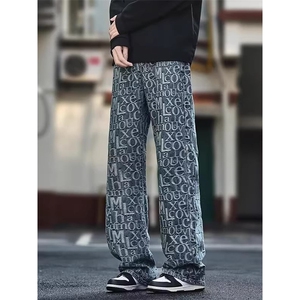1506-1/KFT12621/P48蓝色提花满印牛仔裤男春秋设计感小众直筒裤图片