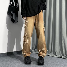 高街牛仔裤男韩版潮刺绣五角星2024春秋新款ins宽松长裤K3015-P50，男装牛仔裤，星座412