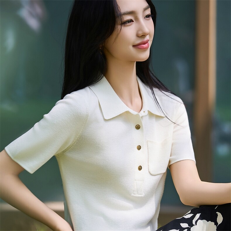 法式polo领精纺毛针织短袖T恤女2025新半袖打底翻领小衫打底上衣,针织衫/毛衣,暖烁羊绒