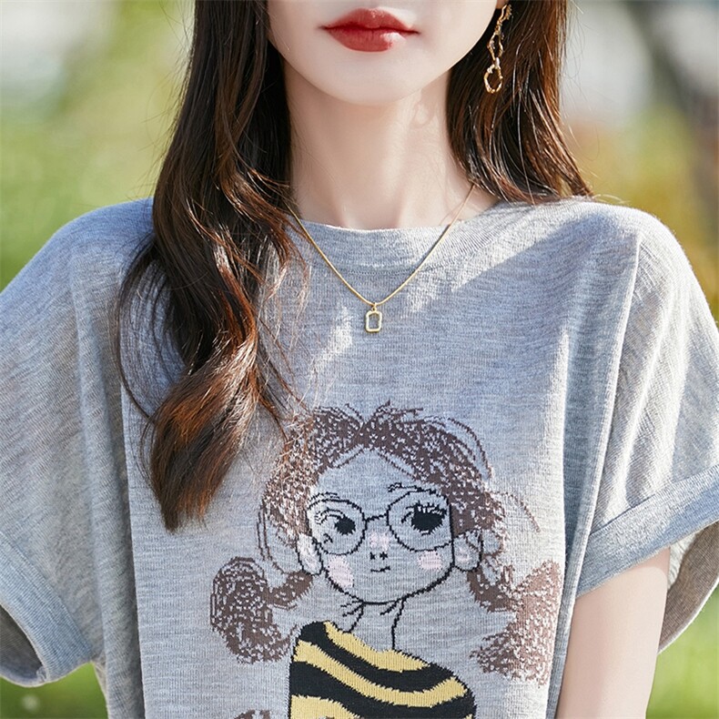 夏季新款圆领眼镜女孩印花小飞袖短袖女宽松百搭背心T恤上衣休闲,女装T恤,暖烁羊绒