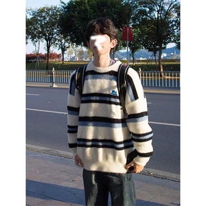 秋冬季情侣装毛衣男女同款外套加厚慵懒宽松条纹仿水貂绒针织衫图片