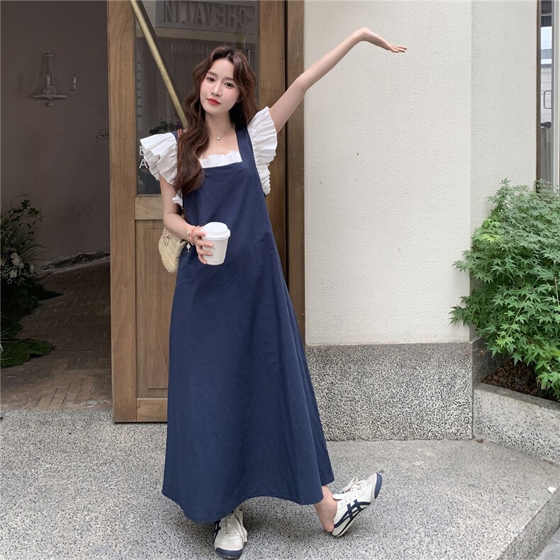 小飞袖衬衫蓝色背带裙女夏两件套连衣裙俏皮减龄学院风流行超火,女装连衣裙,2D045