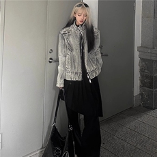 美式复古重工拼接短款牛仔外套潮牌欧美街头cleanfit机车服夹克男，男装工装外套，星座1210-1