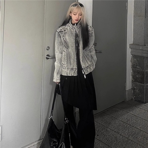 美式复古重工拼接短款牛仔外套潮牌欧美街头cleanfit机车服夹克男图片