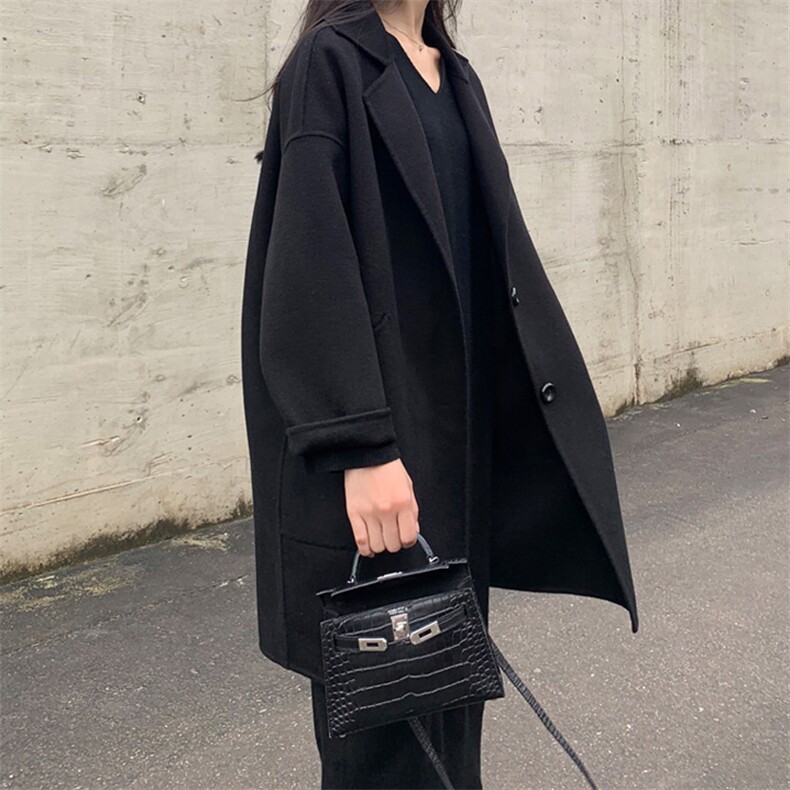 时尚百搭黑色羊毛大衣女秋冬季新款韩版宽松显瘦长款外套,女装毛呢外套,乾庄羊绒