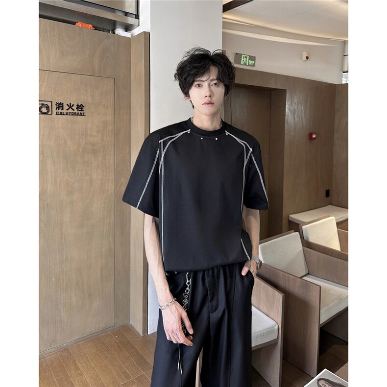 2025夏装美式高街铆钉解构拼接短袖t恤设计感小众A025-DT16-P35,男装T恤,电商A025