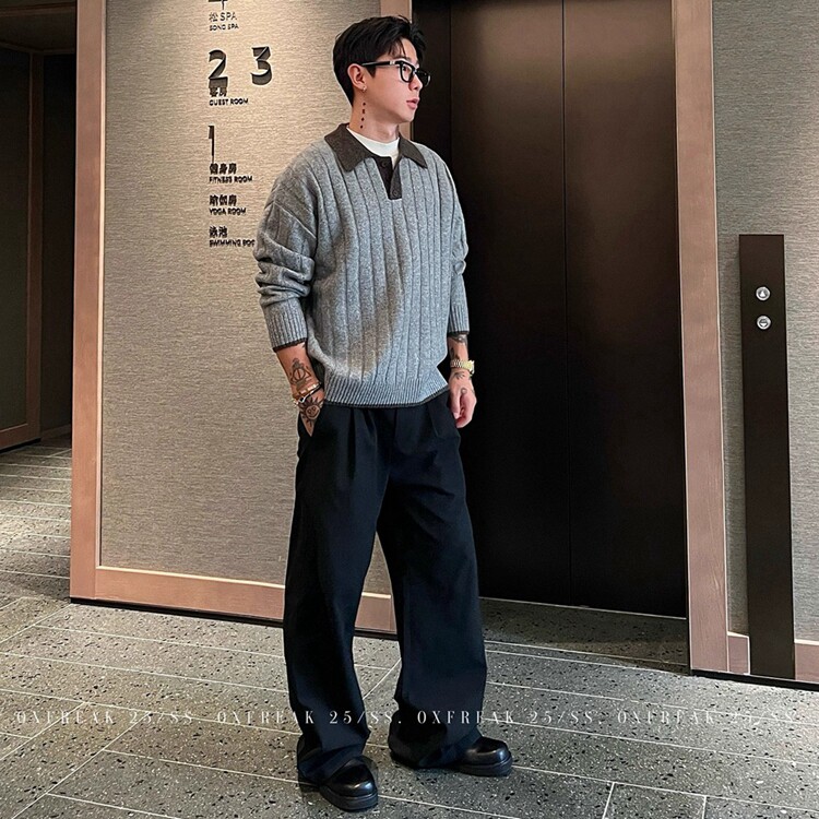 老钱风假两件撞色POLO领毛衣百搭慵懒风潮男翻领高智感针织毛衫,男装针织衫/毛衣,星座218-8