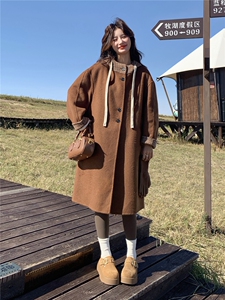 格纹拼接连帽双面呢羊毛咖色外套女秋冬2025新款今年流行爆款大衣图片