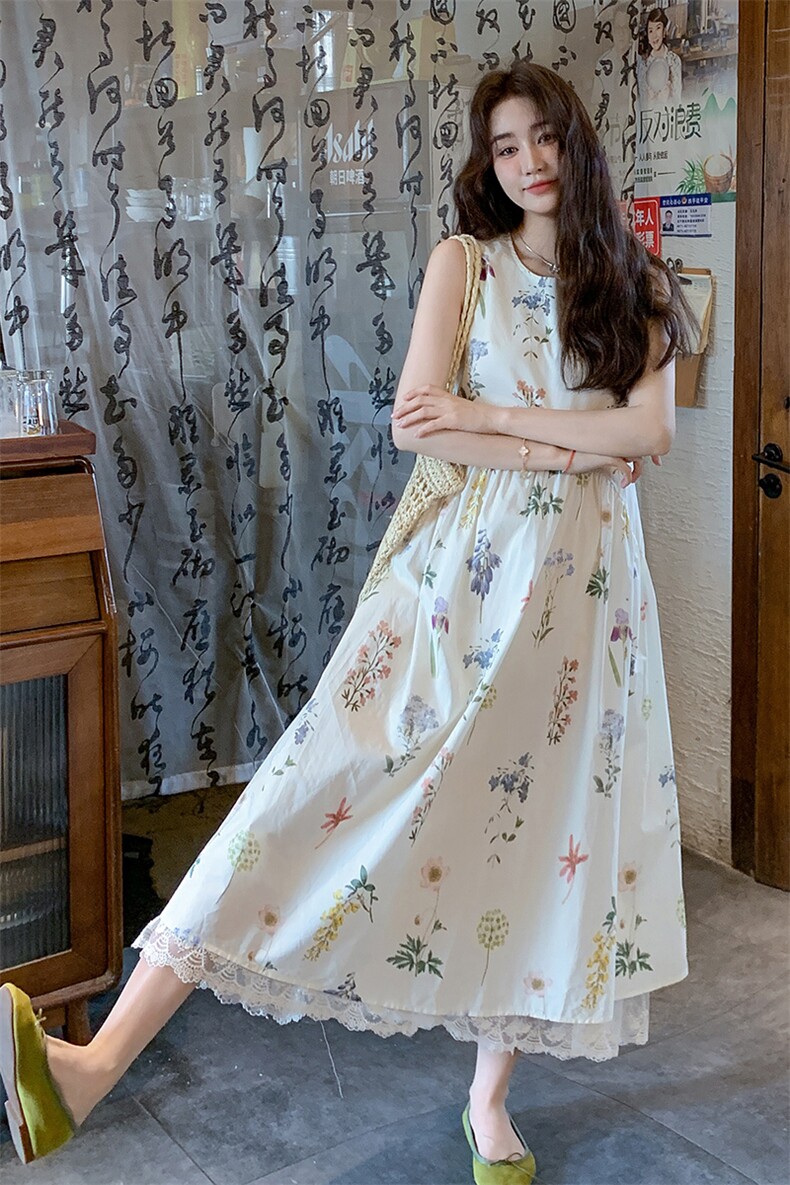 蕾丝花边碎花无袖背心连衣裙女夏2025新款显瘦绝美爆款超好看长裙,女装连衣裙,2C176