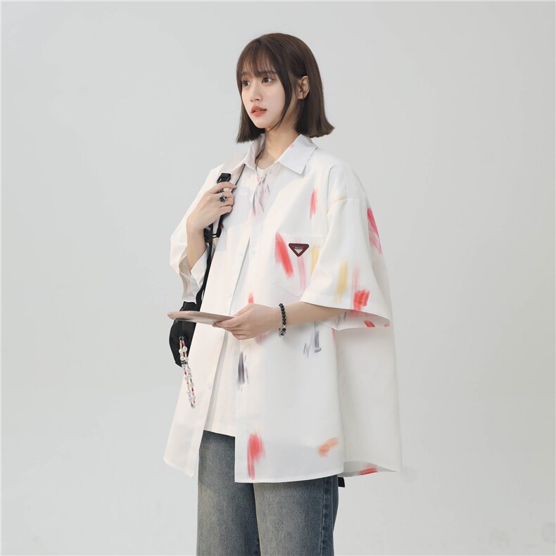 XZ-230-1CS505夏新款中性风简约轻奢水墨涂鸦休闲短袖衬衫P45控58,男装衬衫,星座230-1