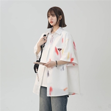 XZ-230-1CS505夏新款中性风简约轻奢水墨涂鸦休闲短袖衬衫P45控58，男装衬衫，星座230-1