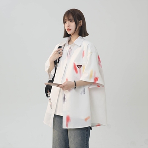 XZ-230-1CS505夏新款中性风简约轻奢水墨涂鸦休闲短袖衬衫P45控58图片