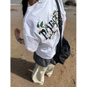 花卉刺绣纯棉夏季潮情侣短袖t恤女学生上衣BT021-P32