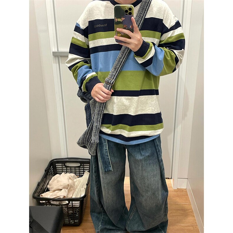 撞色拼接条纹长袖t恤美式复古圆领卫衣情侣休闲上衣TX87特P46,男装T恤,星座908-1