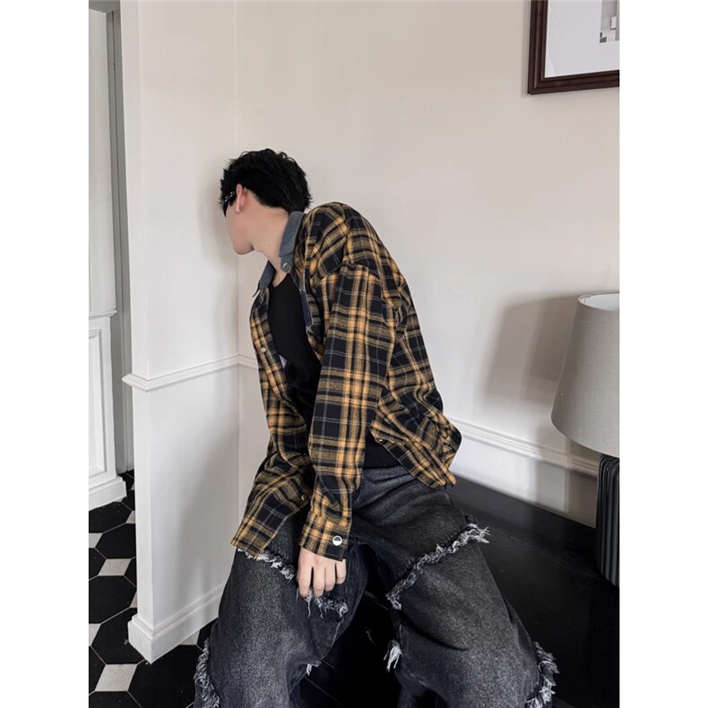 1506/QJ020/P44新款格子衬衫小众宽松高级感外套休闲衬衣潮,男装衬衫,星座1506