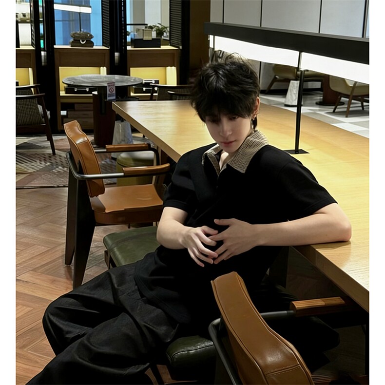 得物抖音高品质二开夏季美式潮牌假两件格子衬衫翻领高街短袖T恤,男装T恤,电商A486
