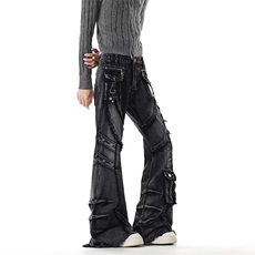 黑色牛仔裤男女秋季新款多口袋工装裤微喇裤RK3353-P77，男装牛仔裤，星座412-3