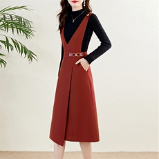 长袖针织衫背带裙套装女2025春秋款修身显瘦通勤背心连衣裙两件套，女装套装/套裙，蓝诺裳