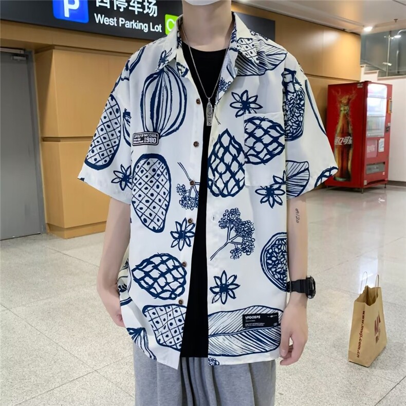 满印衬衫男日系港风潮流潮牌痞帅外套夏季小众短袖衬衣W3394-P30,男装衬衫,星座512-2