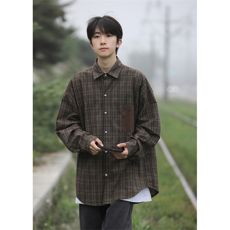 抖音品质格子衬衫男长袖宽松复古港风外套CS7215P55控88,男装衬衫,电商B413-1
