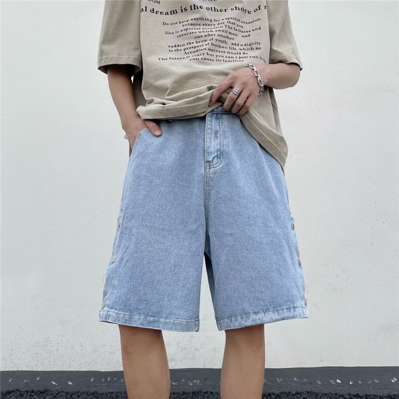 排扣开衩潮流牛仔短裤男夏季美式高街做旧复古五分裤潮牌大码裤子,男装牛仔裤,星座516A