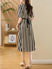 条纹连衣裙女夏2025十三行高端法式气质收腰显瘦洋气短袖v领裙子，女装连衣裙，多彩