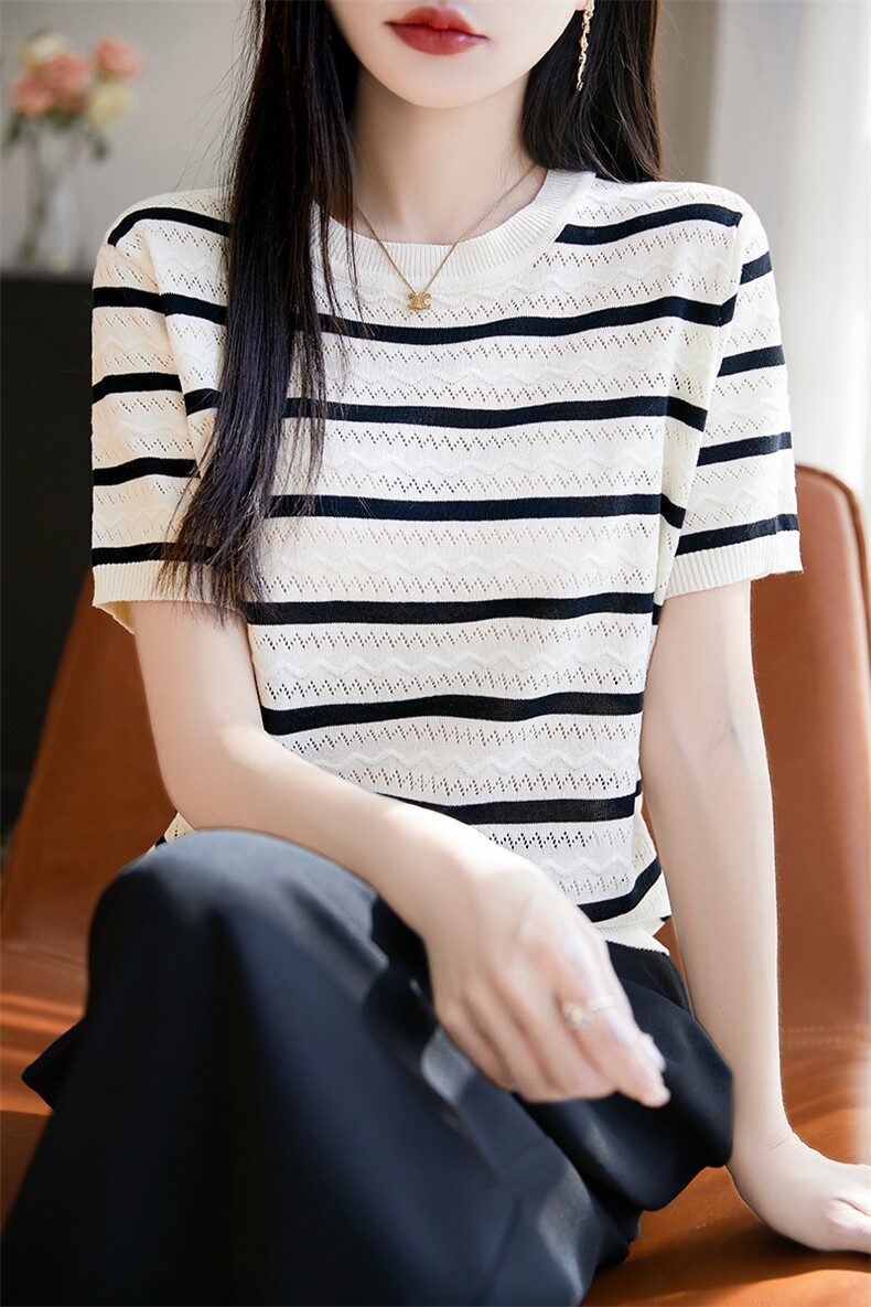 2025夏季新款圆领七彩波纹正肩短袖T恤女休闲薄款条纹百搭t恤上衣,女装T恤,绒汀羊绒