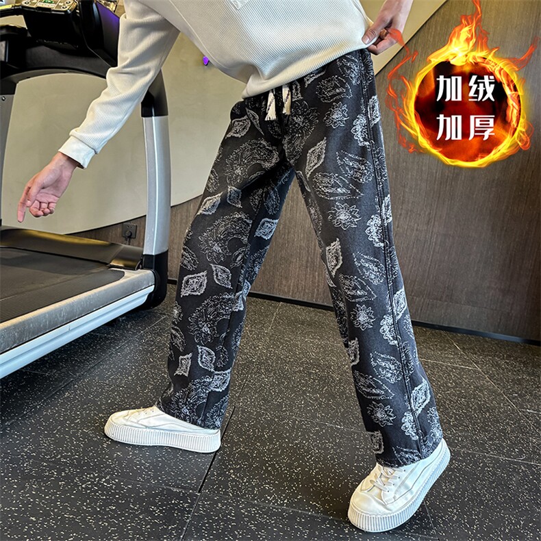 秋冬加绒牛仔裤男士个性树叶印花直筒牛仔弯刀裤潮901N50加绒P68,男装牛仔裤,星座901