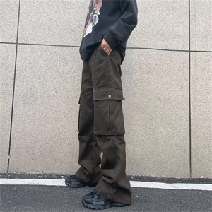 美式柳丁多口袋工装牛仔裤男美拉德设计感迷彩微喇叭拖地裤P67图片