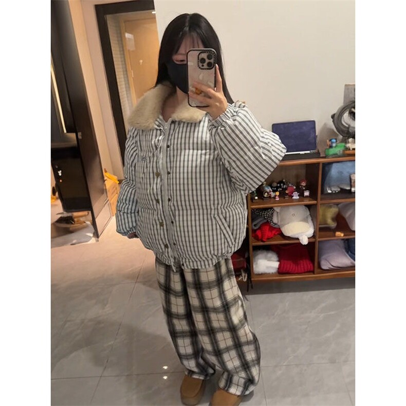 韩版复古条纹翻领棉服外套女学生冬季美式加厚简约保暖面包服棉衣,男装棉衣,星座506A