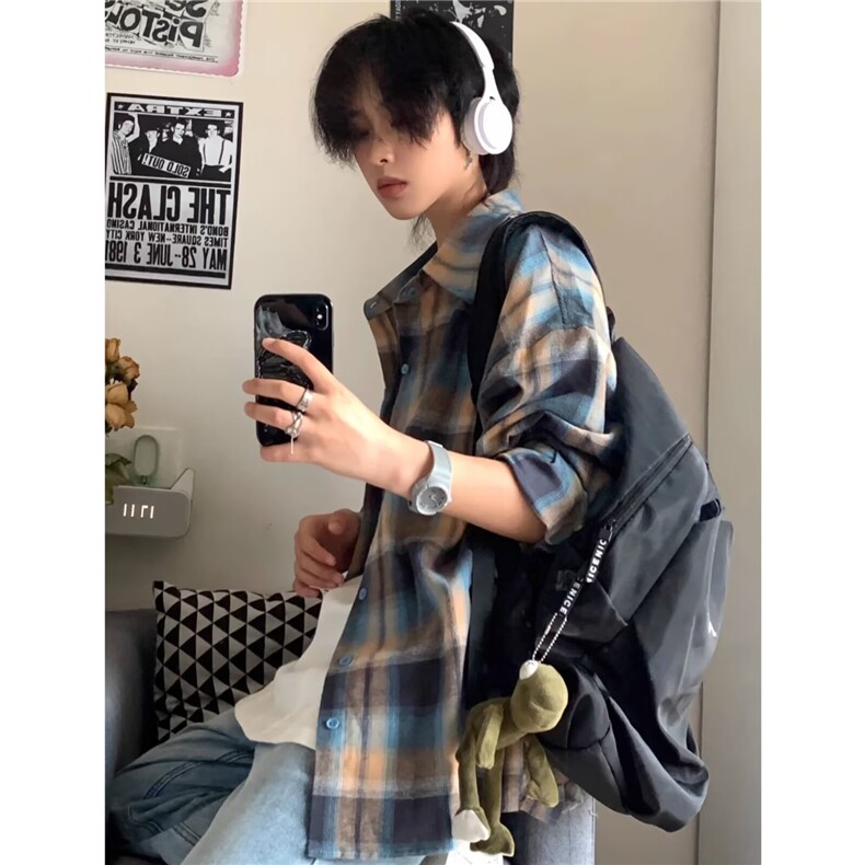 1403-P36美式复古格子衬衫男2025春秋长袖休闲宽松港风潮流情侣,男装T恤,电商B323A