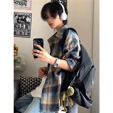 1403-P36美式复古格子衬衫男2025春秋长袖休闲宽松港风潮流情侣，男装T恤，电商B323A