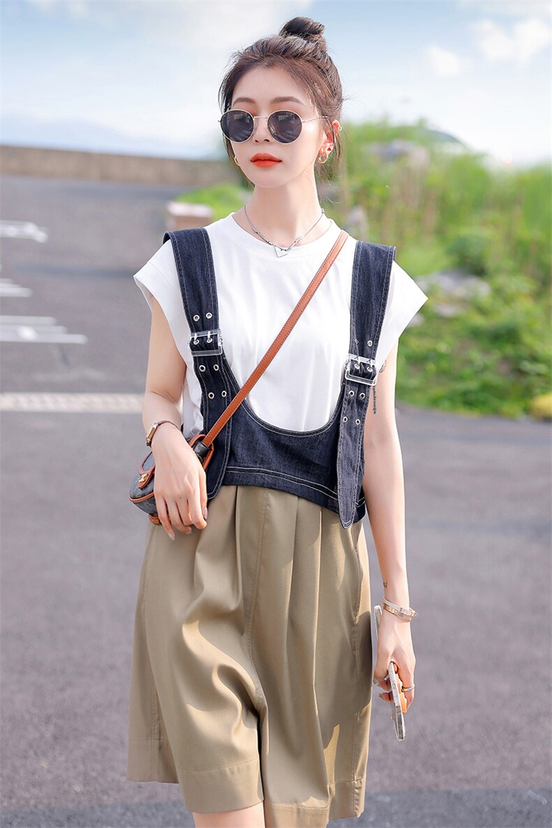 现货-牛仔拼接背带短裤套装夏季女2026年新款小个子高腰T恤两件套,女装套装/套裙,霓裳依族