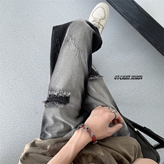 B221美式ins高街暗黑系设计感直筒破洞牛仔裤LK23075-P60控78，男装牛仔裤，电商B221