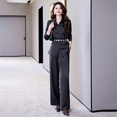 早秋高级感穿搭一整套女装新款长袖衬衫上衣垂感直筒阔腿裤两件套，女装套装/套裙，卡杰菲
