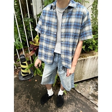 美式复古慵懒格子情侣衬衫男女夏季短袖宽松休闲外套CDA01-P34，男装T恤，星座208-5