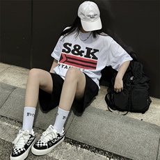 美式小领口字母潮牌宽松重磅270g纯棉短袖T恤杉情侣男女T108P32，男装T恤，星座210