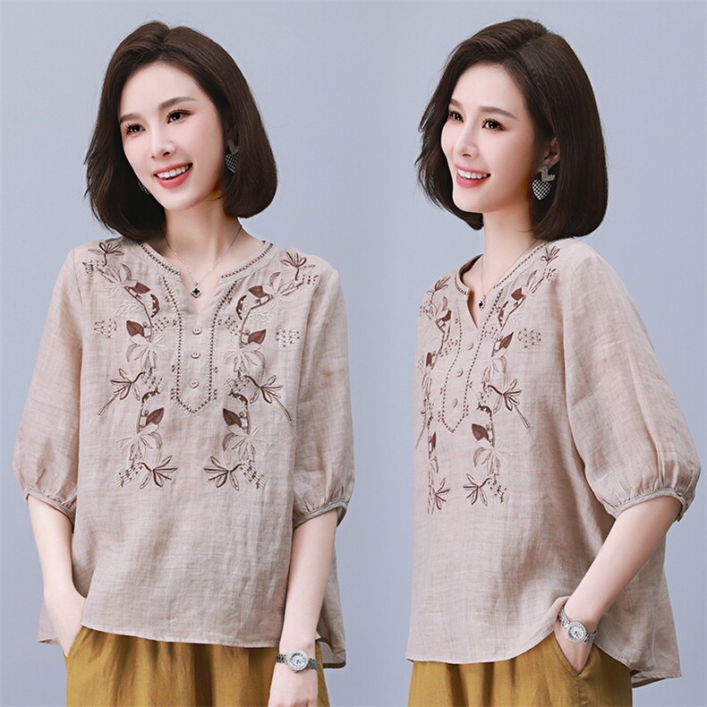 2025夏季纯苎麻刺绣简约气质宽松时尚休闲显瘦舒适上衣,女装衬衫,独衣靓