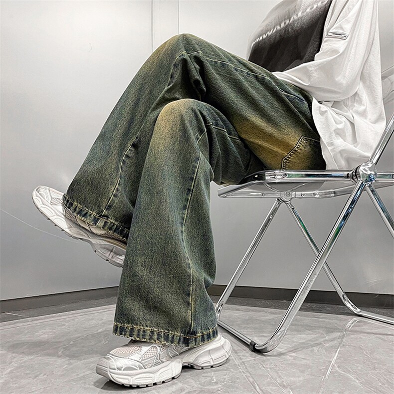 港风秋款男牛仔裤拼接款渐变色复古直筒长裤NK9057P45,男装牛仔裤,星座1013-1
