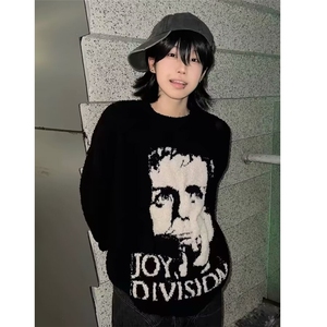 美式复古仿貂毛人像提花毛衣男冬季圆领宽松亲肤上衣图片
