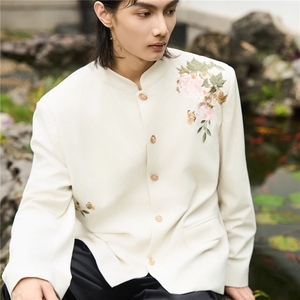 新中式立领黑色牡丹蝴蝶刺绣金属扣西服男女同款W6842-P63图片