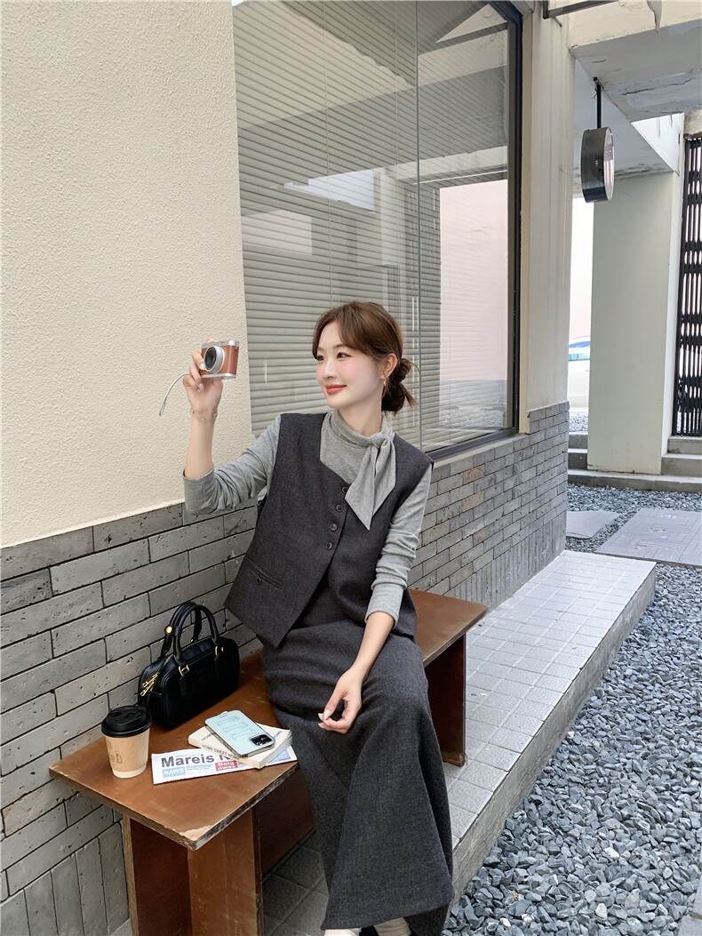 通勤风灰色马甲套装女2025秋季新款高级感显瘦半身裙打底衫三件套,女装套装/套裙,2D034