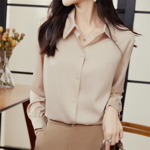 白衬衫女真丝气质长袖冰丝女衬衣上衣夏季丝滑缎面宽松POLO领漂亮图片