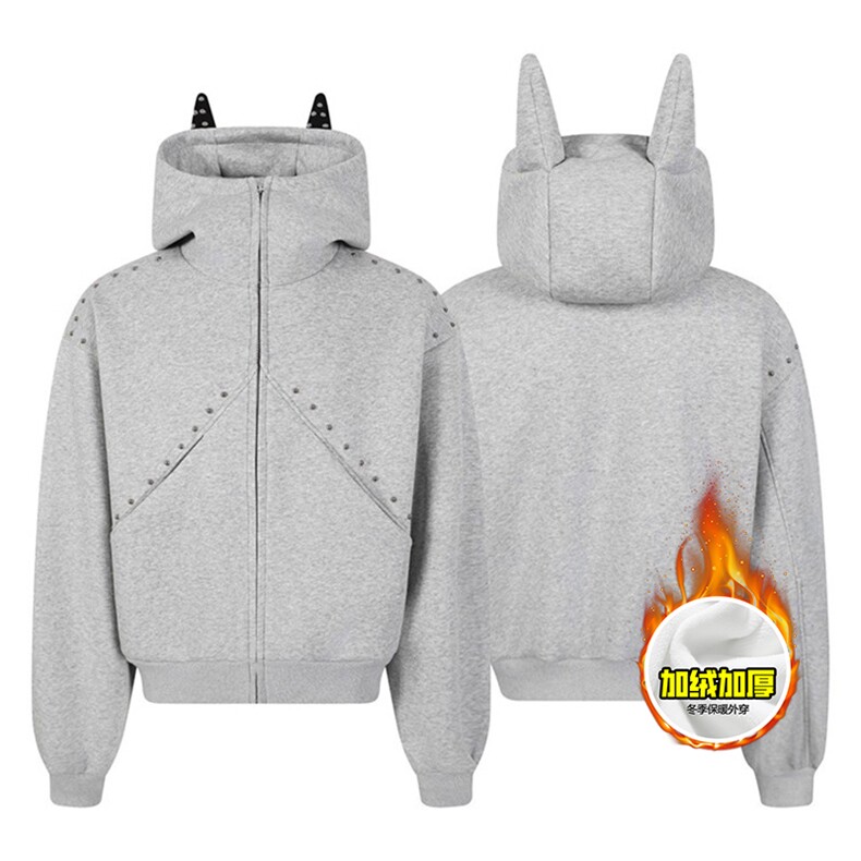 480G重磅加绒硬挺boxy男女美式高街卫衣铆钉杜宾犬耳朵开衫厚外套，女装短外套，电商A486