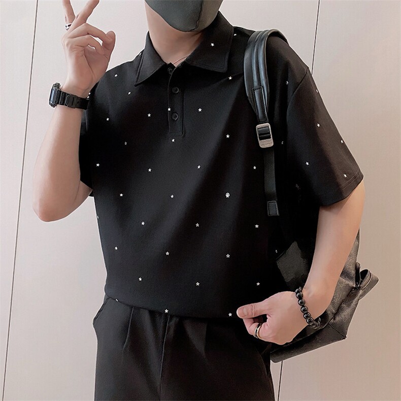 8953/P65控95夏季社会小伙轻奢Polo衫满天星烫钻翻领短袖男黑首2,男装T恤,星座305B